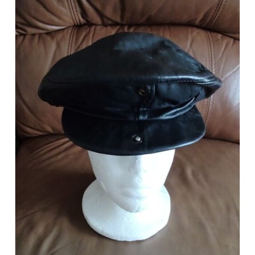 Vintage Men's Black Genuine Leather Snap Brim Newsboy Hat Cap Size L